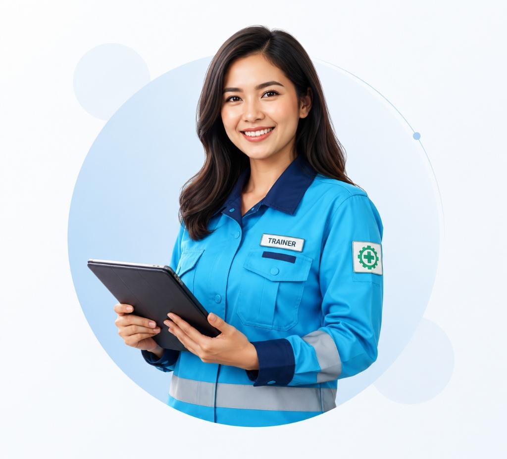 Trainer MEDIGAF mengenakan seragam kerja sambil memegang tablet